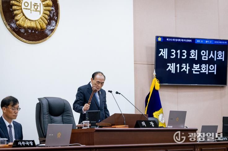 성북구의회 임태근 의장이 제313회 임시회를 주재하고 있는 모습