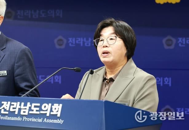 11월 3일, 도의회 브리핑룸에서 진보당·정의당 소속 도의원들이 한미 관세 협상에 대한 공동 기자회견을 열고 정부의 대미 현금투자 합의를 규탄하고 있다.