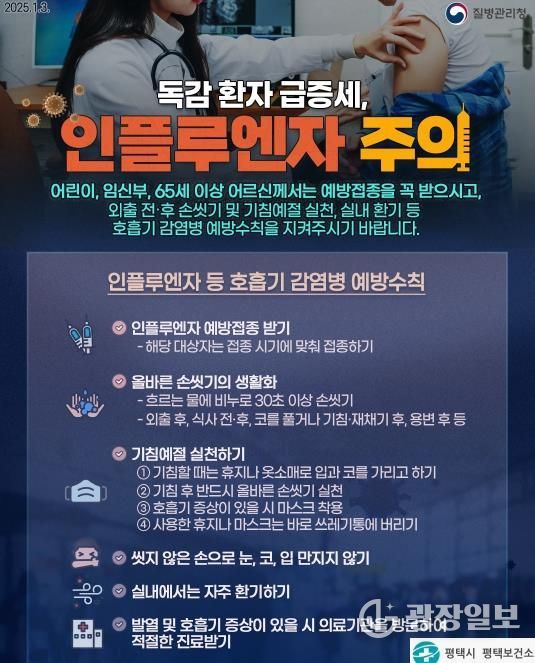 평택시, 인플루엔자 유행 확산... 생활 속 예방수칙 강조