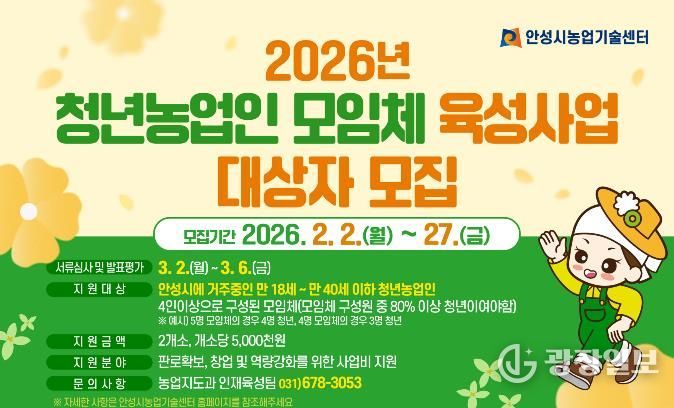 안성시농업기술센터, 청년농업인 모임체 육성사업 대상자 모집!