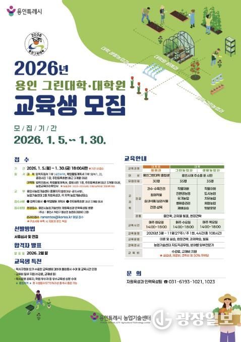 2026 용인그린대학 제20기‧대학원 제11기 교육생 모집 포스터