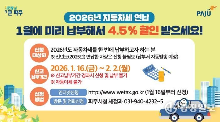 파주시, 자동차세 1월 연납하면 ‘최대 절세’
