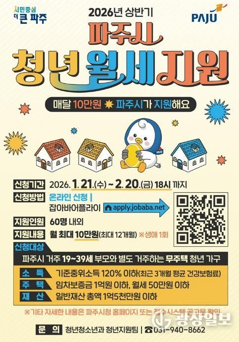 파주시, 청년 월세 지원 확대… 연 최대 120만 원 지원