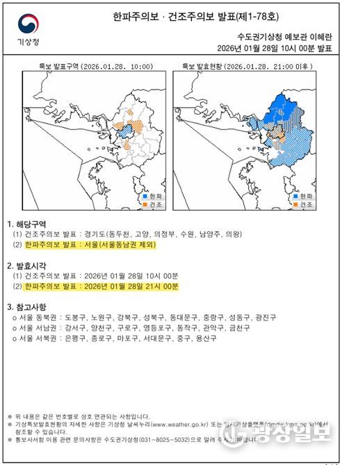 한파주의보 발표현황(2026년 1월 28일 오전 10시)