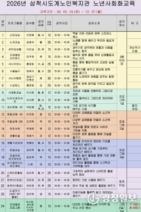 삼척시도계노인복지관 수강생 모집