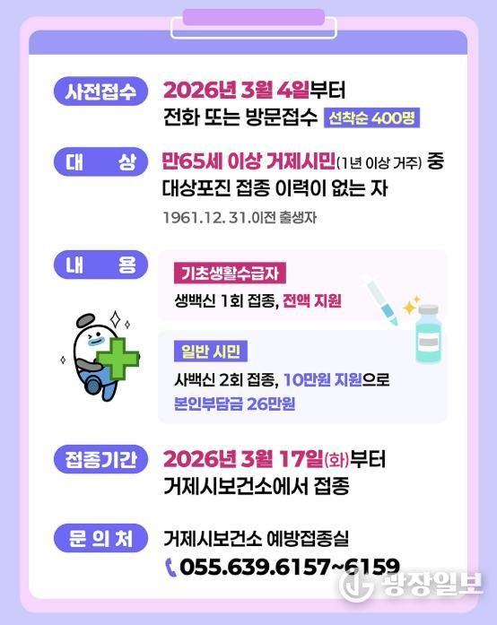 거제시, 65세 이상 대상포진 예방접종 비용 첫 지원