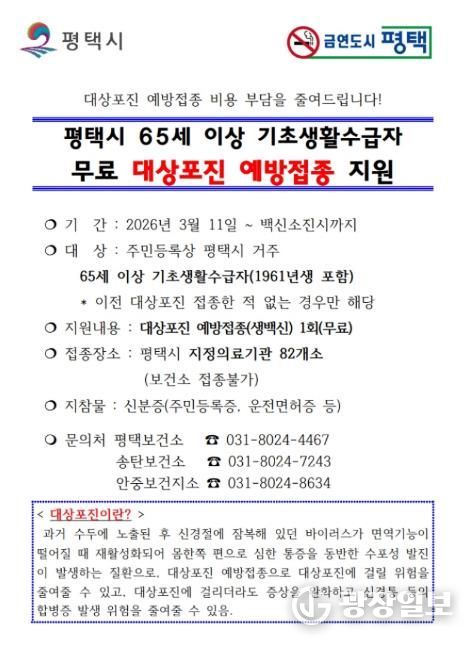 평택시, 대상포진 예방접종 무료 지원으로 취약계층 건강 보호 나서