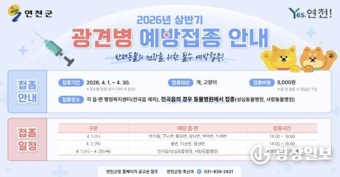 연천군, 2026년 상반기 광견병 예방접종 실시