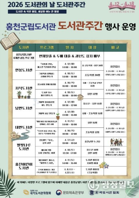 2026년 홍천 군립 도서관 도서관 주간 운영 홍보 포스터