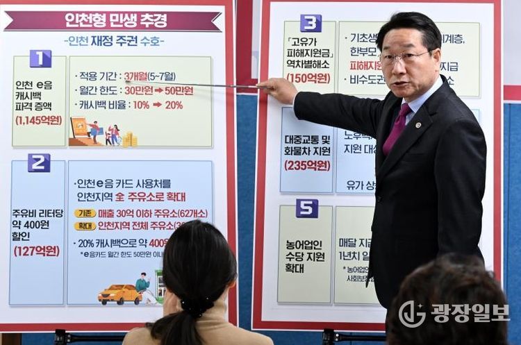 유정복 인천광역시장이 14일 시청 브리핑룸에서 '인천형 민생체감 추경예산' 관련 기자회견을 하고 있다.